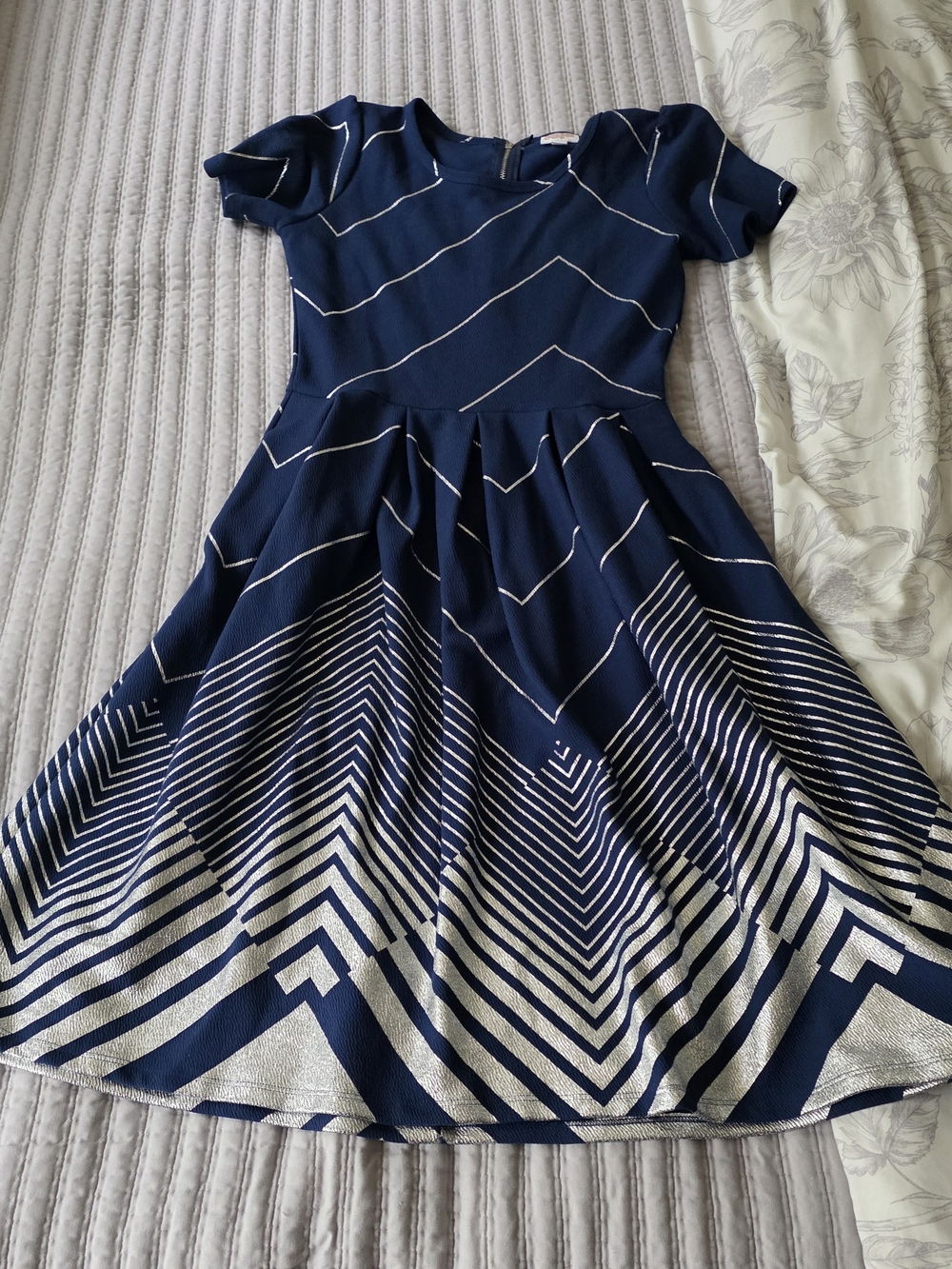LuLaRoe Navy and Silver Chevron Fit-and-Flare Dress
